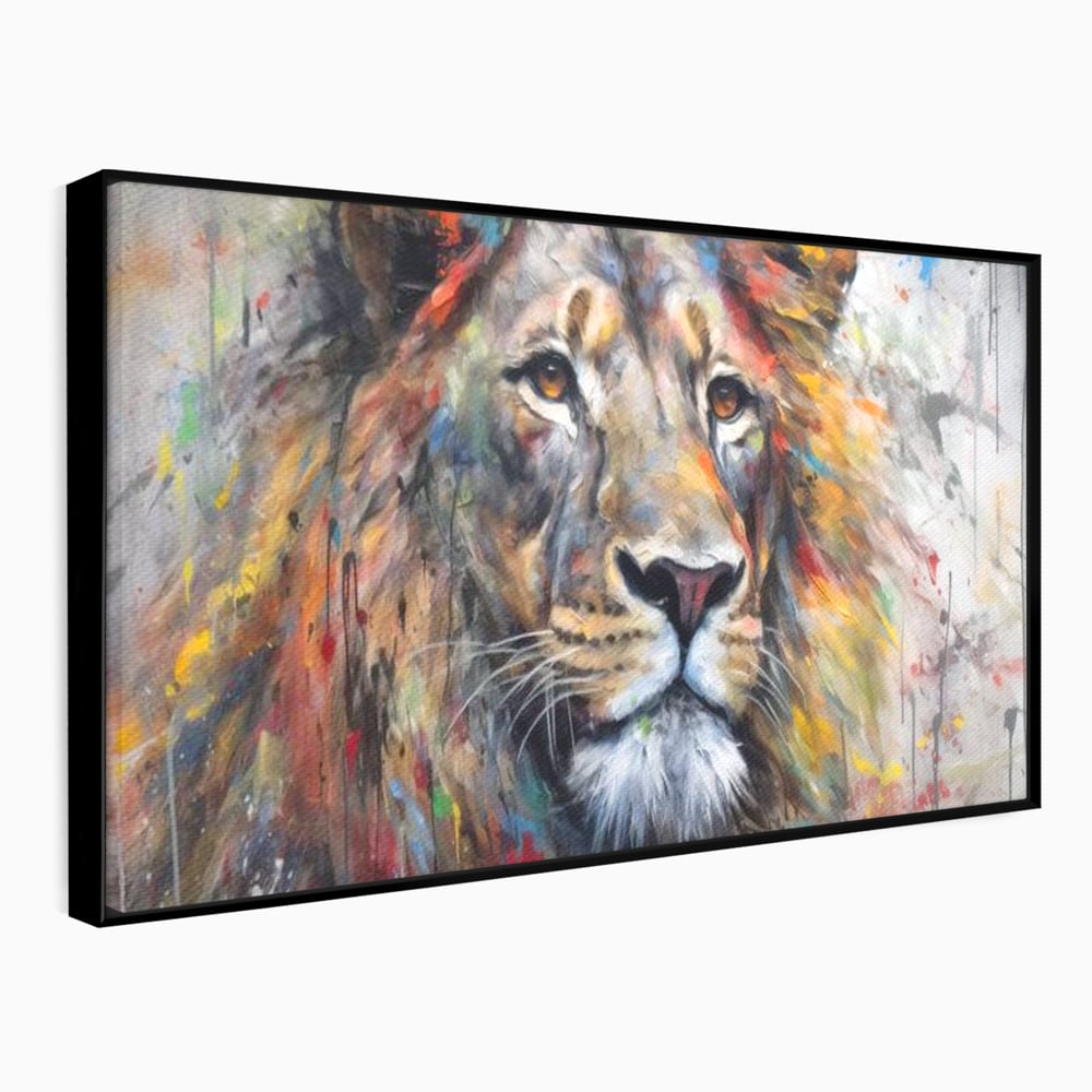 Tablou canvas cu tablou canvas cu leu colorat, in rama de aluminiu negru